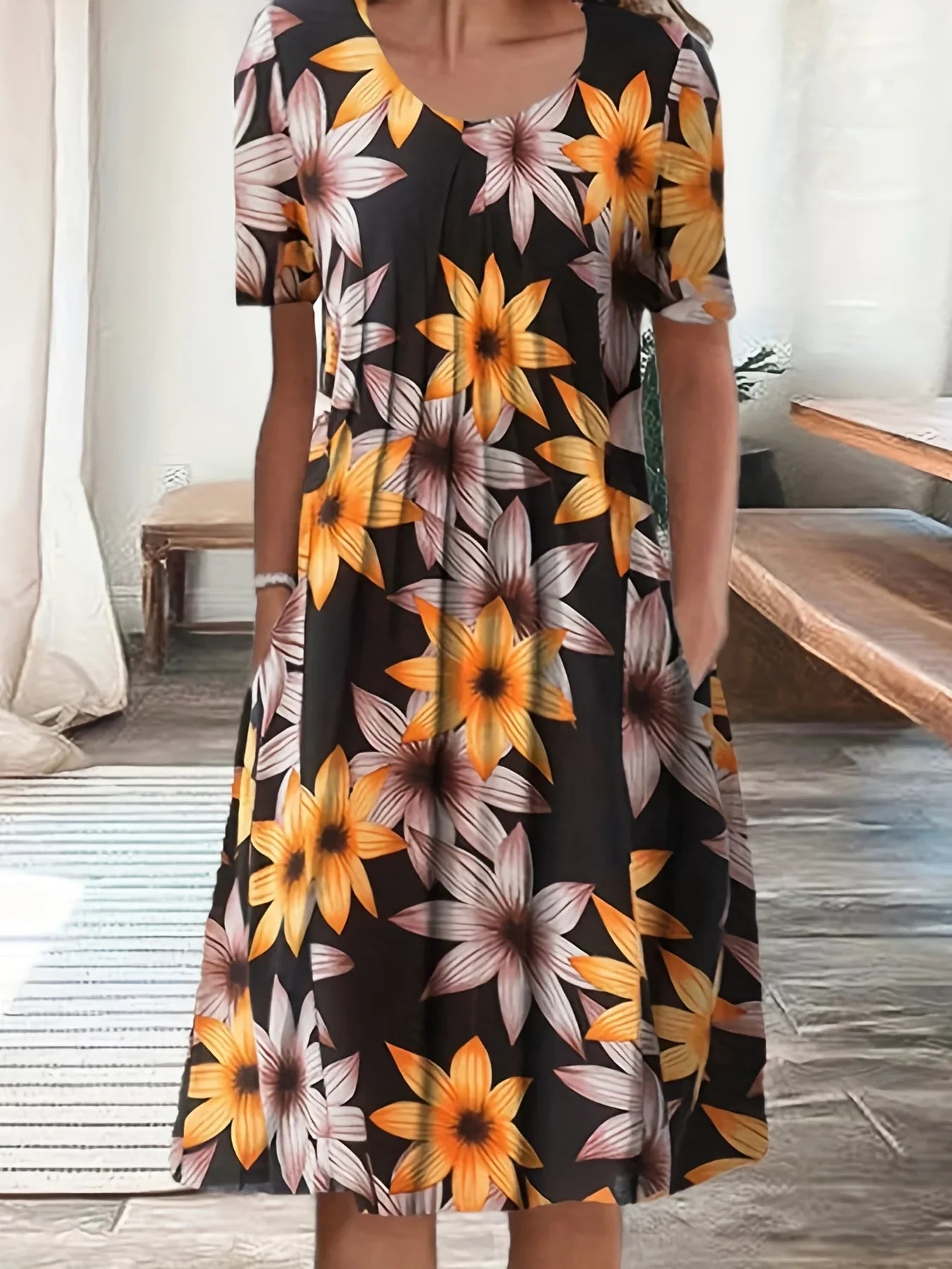 Hanne™ | Blomstret Midi Kjole med Lommer 50% Rabatt 🔥